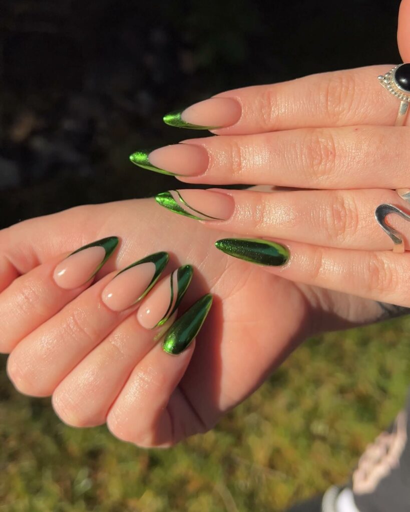 Green Chrome Almond French Nails 