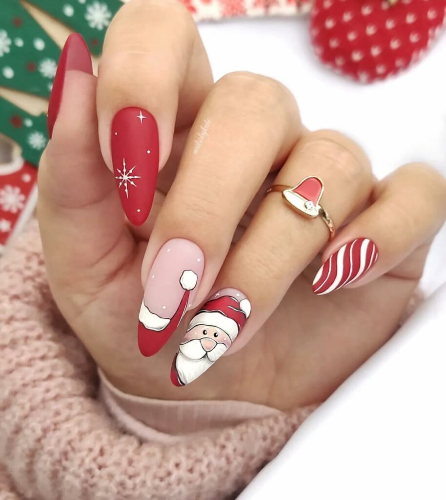 Red Matte Nails With Santa Claus Design