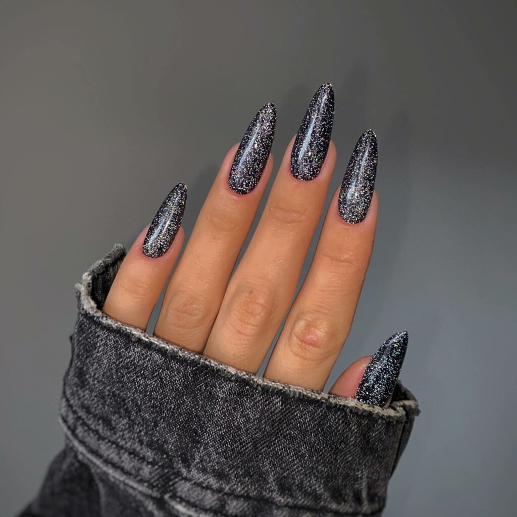 Long Black Glitter Almond Nails