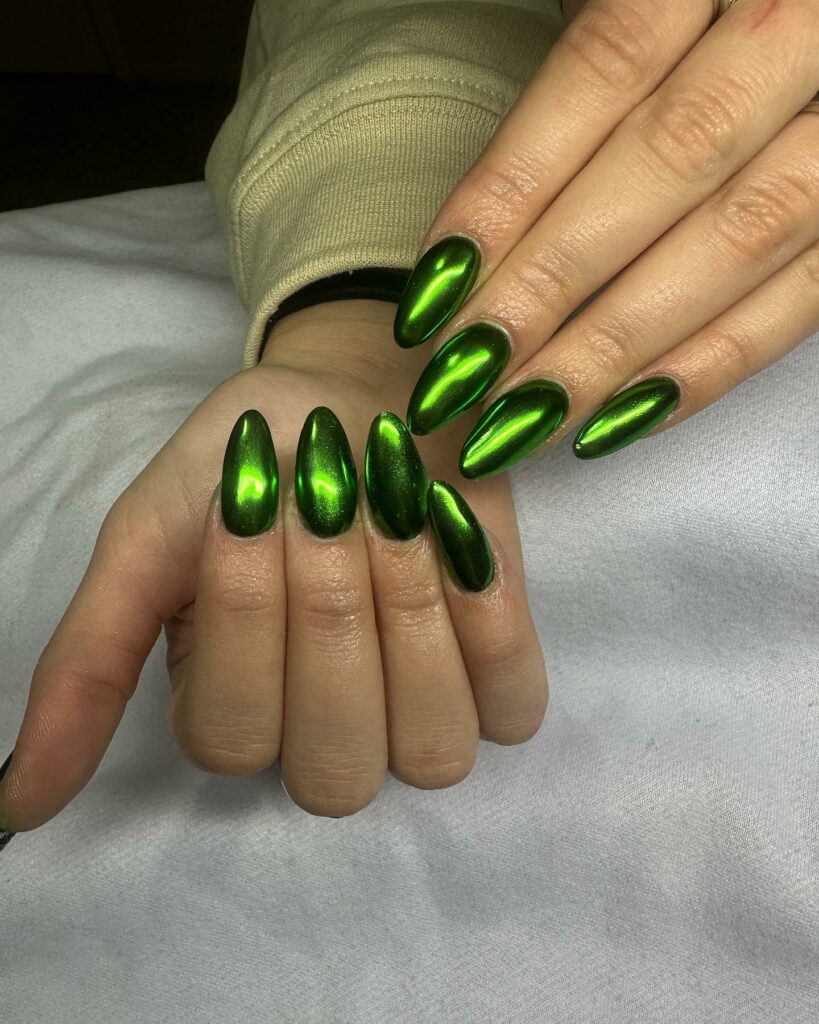 Green Chrome Almond Nails