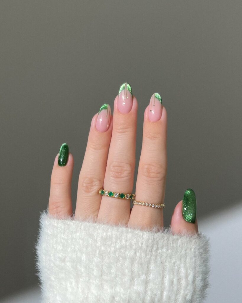 Glittery Green French Design On Pink Base Nails