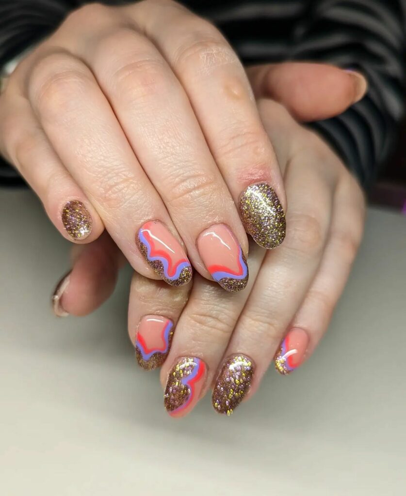 Swirl And Gold Design On 70s Nails
