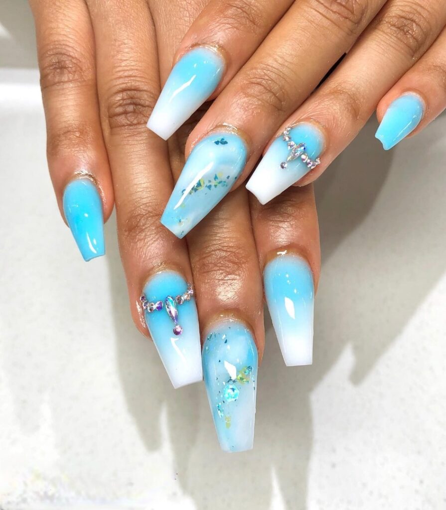Blue And White Ombre Coffin Nails With Rhinestones