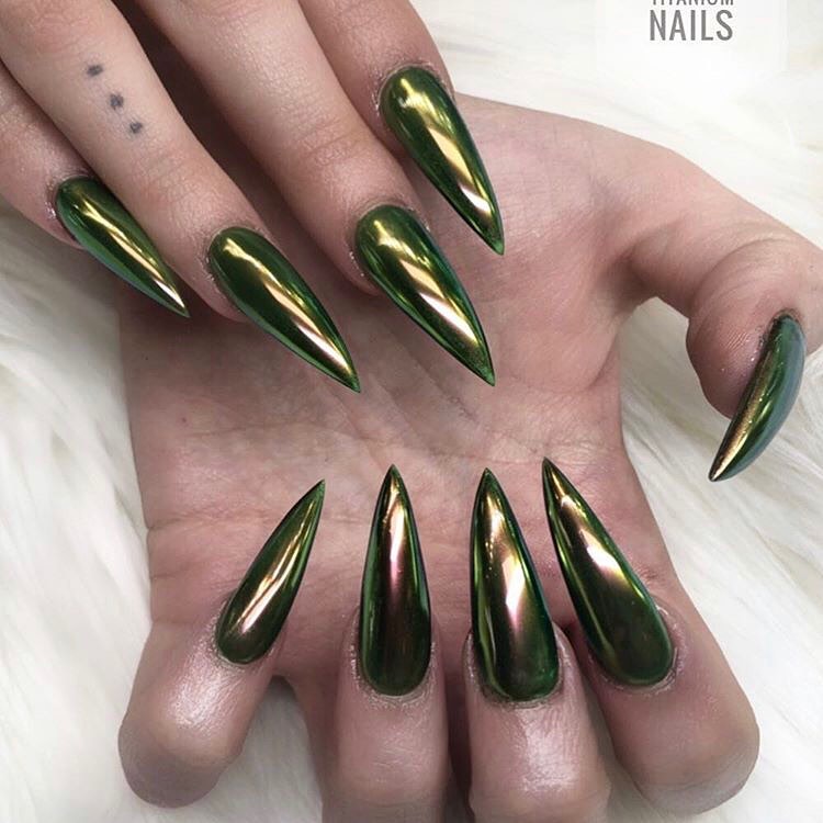 Green Chrome Stiletto Nails