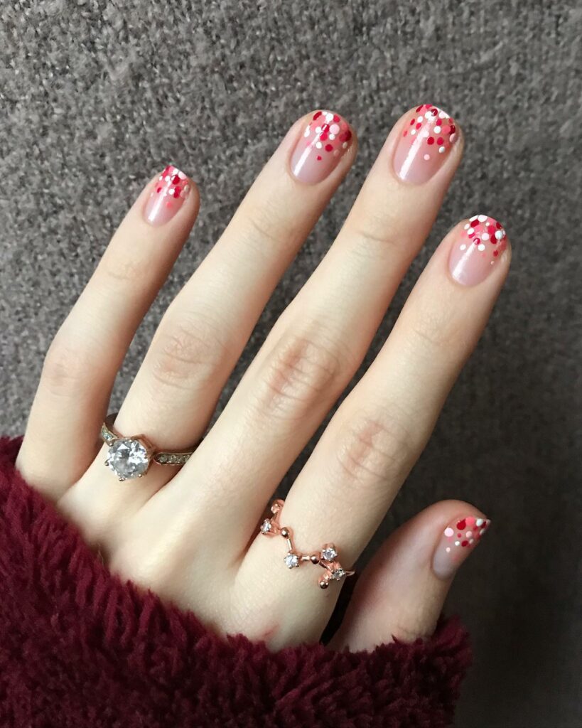 Short Valentine Nails With Red And White Dot French