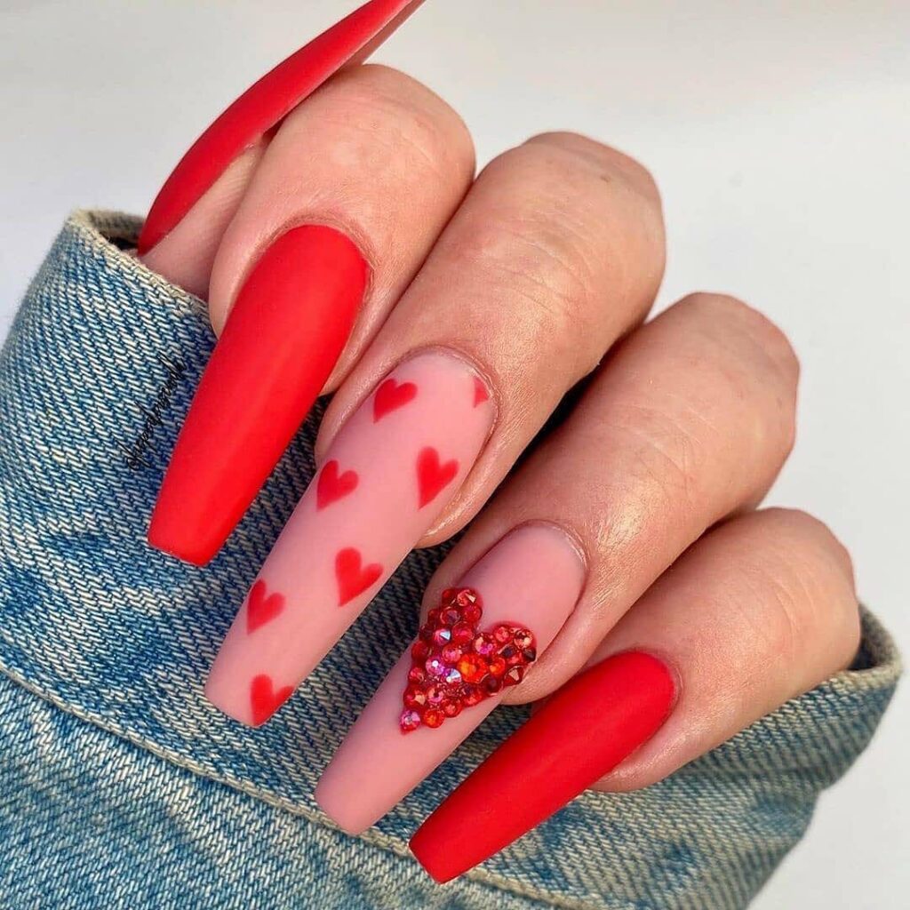 Red Matte Long Coffin Nails With Heart Design