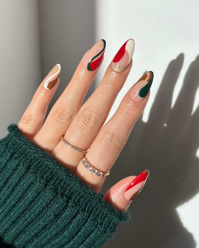Abstract French Red and Green Christmas Nails
