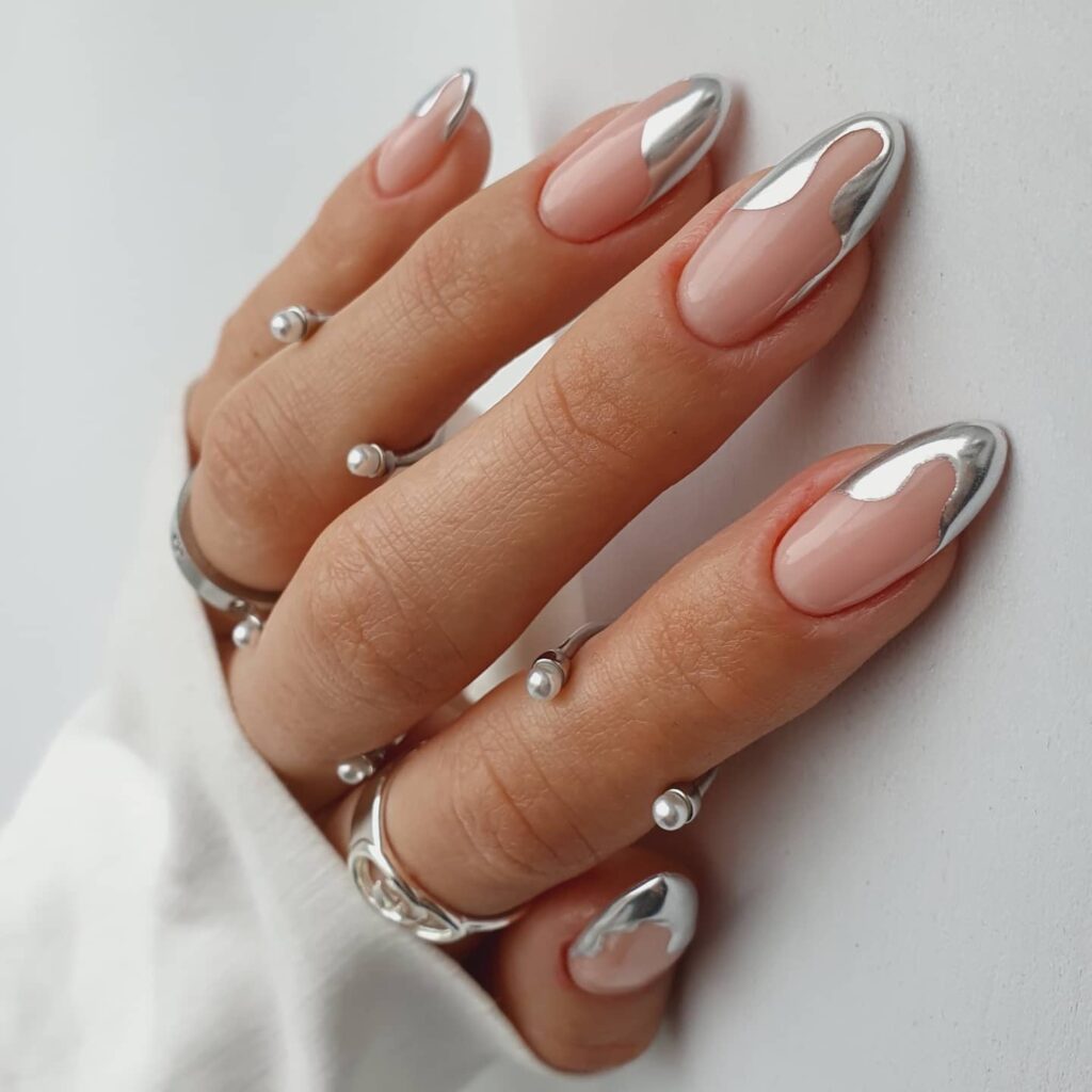 Abstract French Silver Christmas Nails