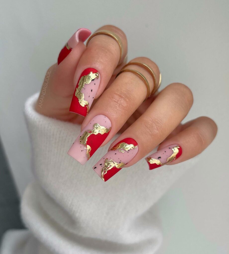 Abstract Artistry in Red and Gold Christmas Nails