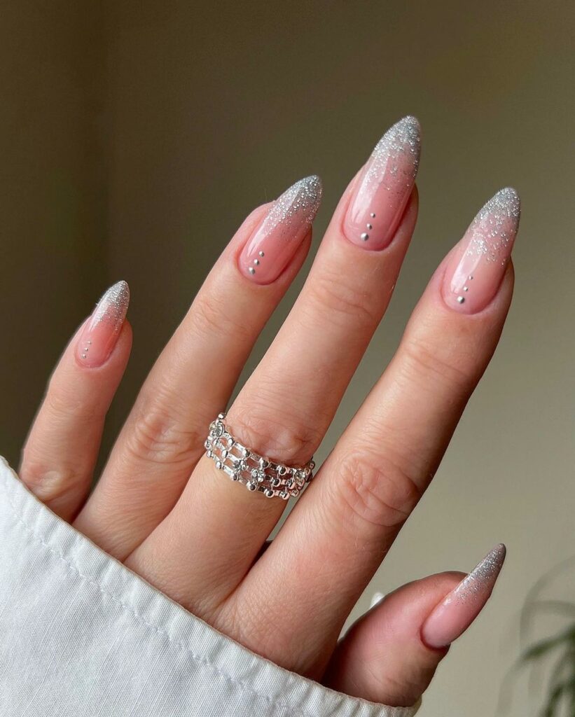 Almond Glitter Silver Christmas Nails
