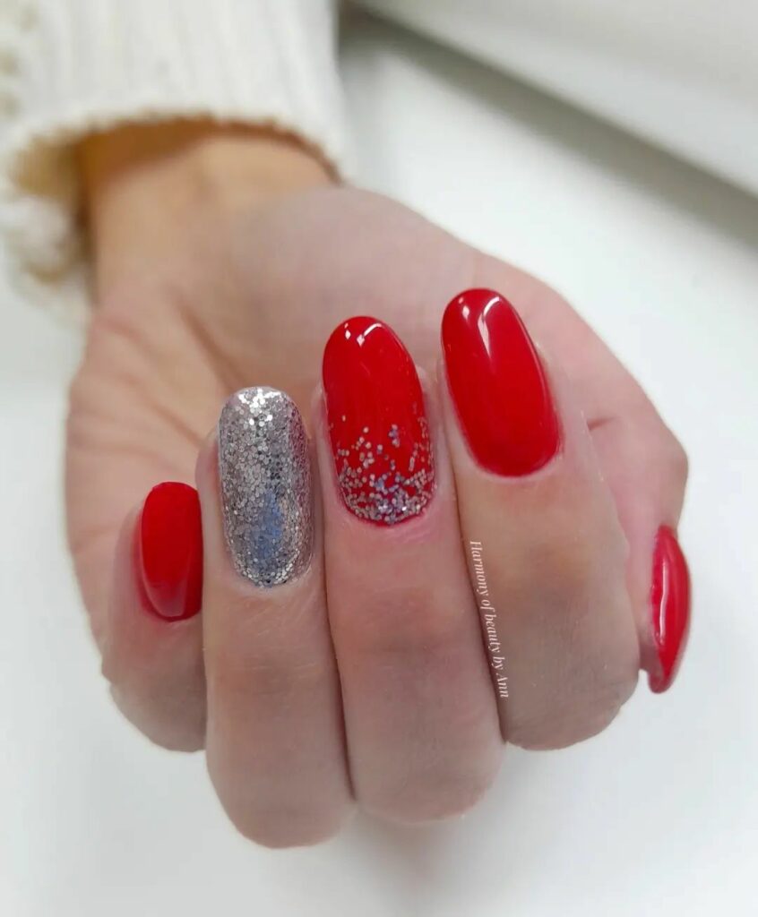 Almond Red and Silver Nails