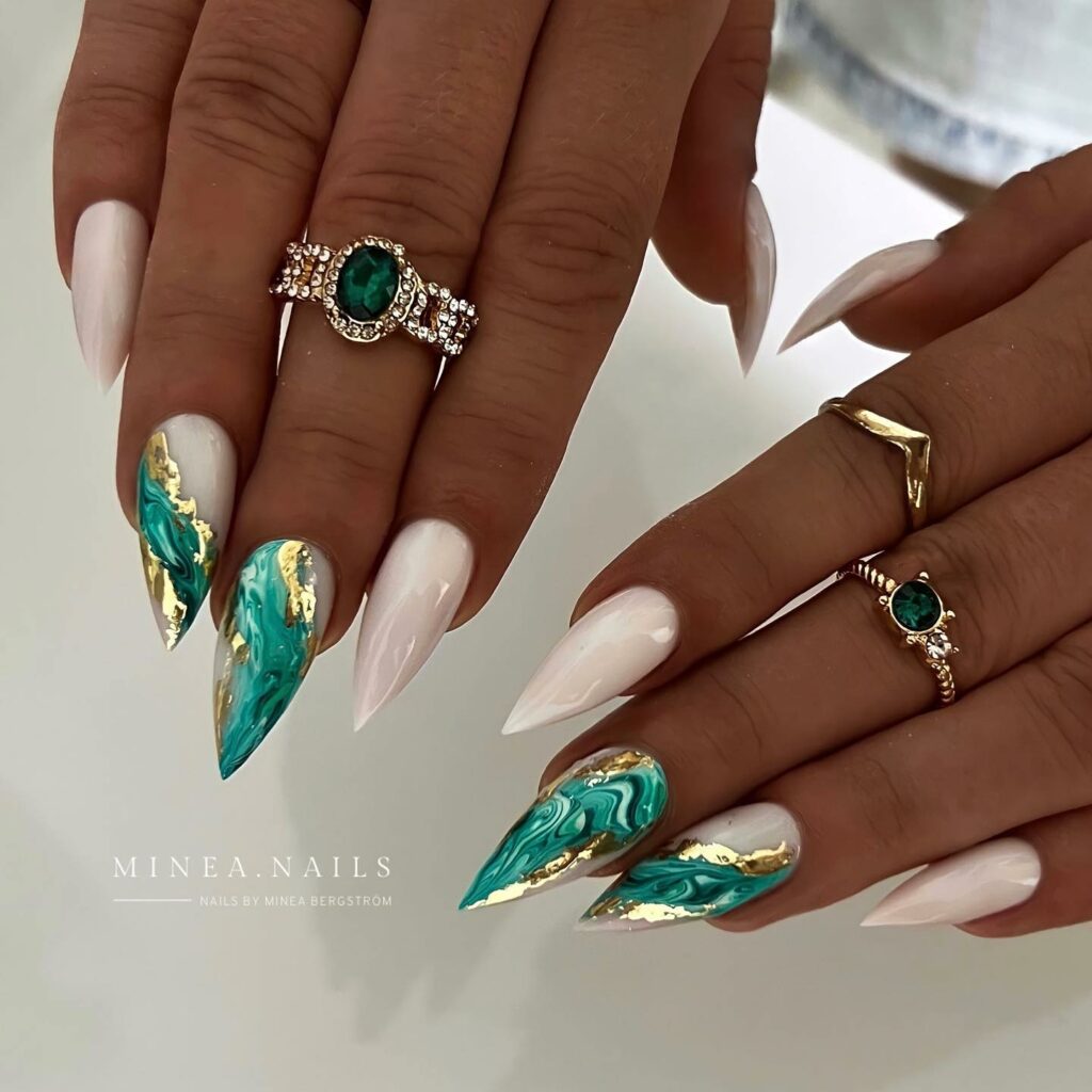 Aquatic Marble and Gold Leaf Short Stiletto Nails