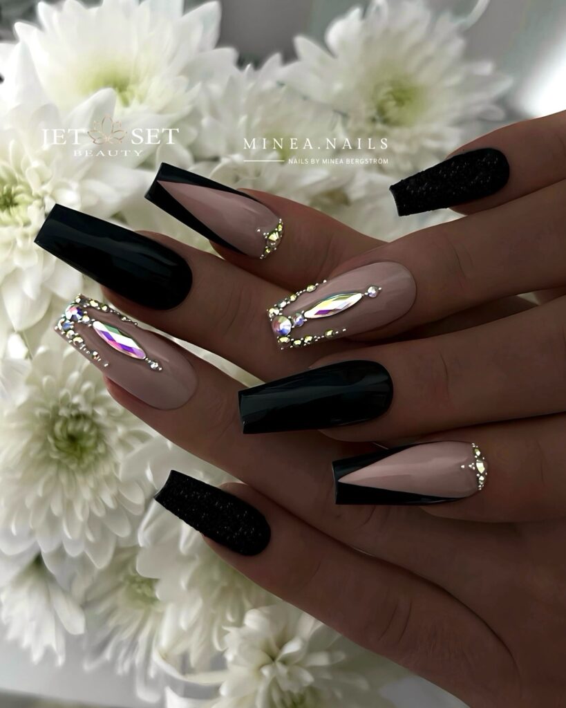Black Christmas Nails with Lustrous Accents