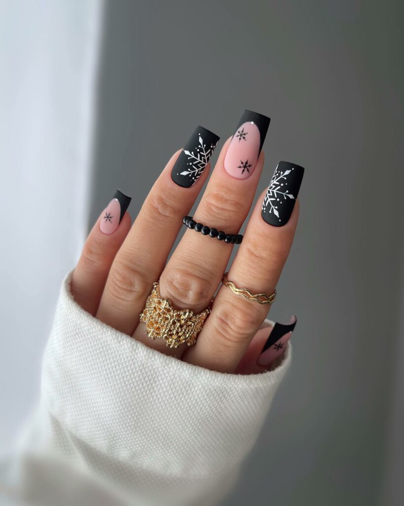 Black Christmas Nails with Snowflakes