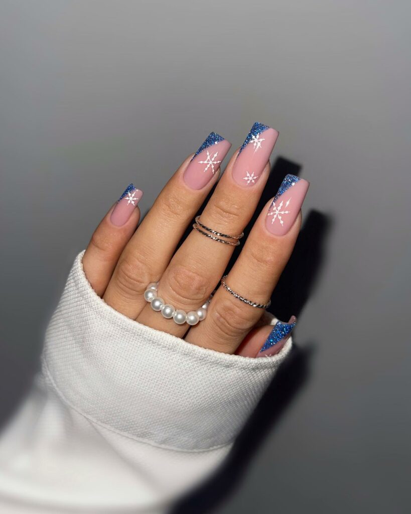 Blue Christmas Nails with a Sparkling Edge