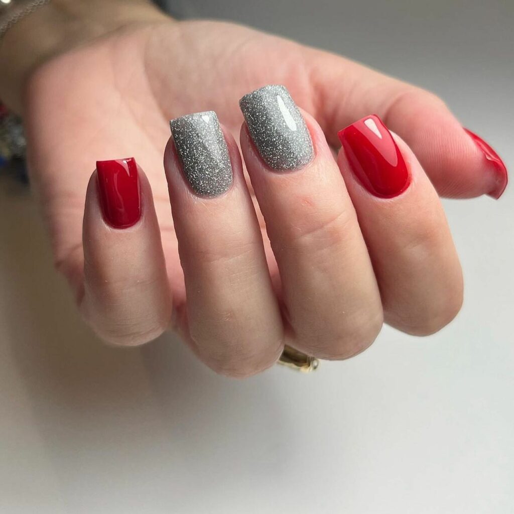 Bold Red Meets Glistening Silver Nails