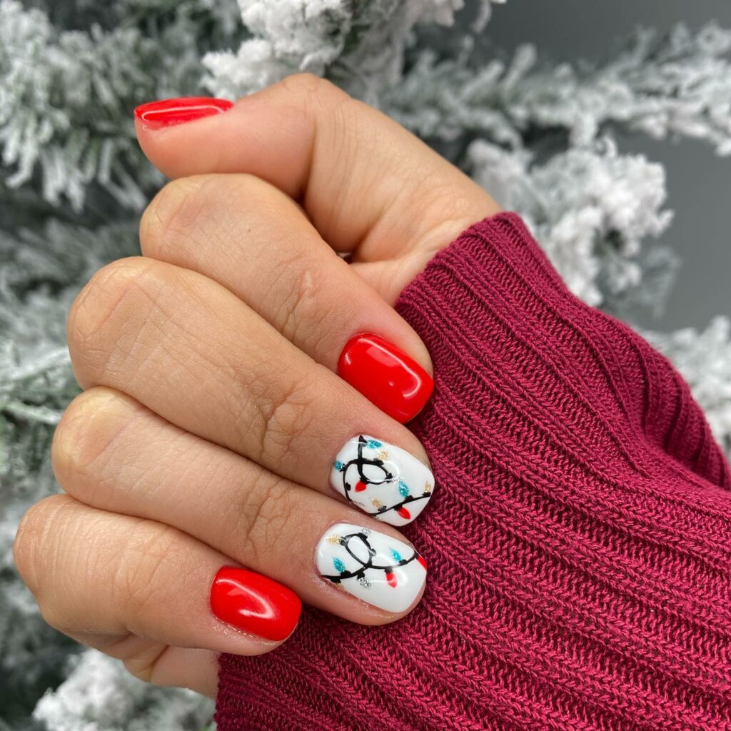 Bold Red and Christmas Lights Nails