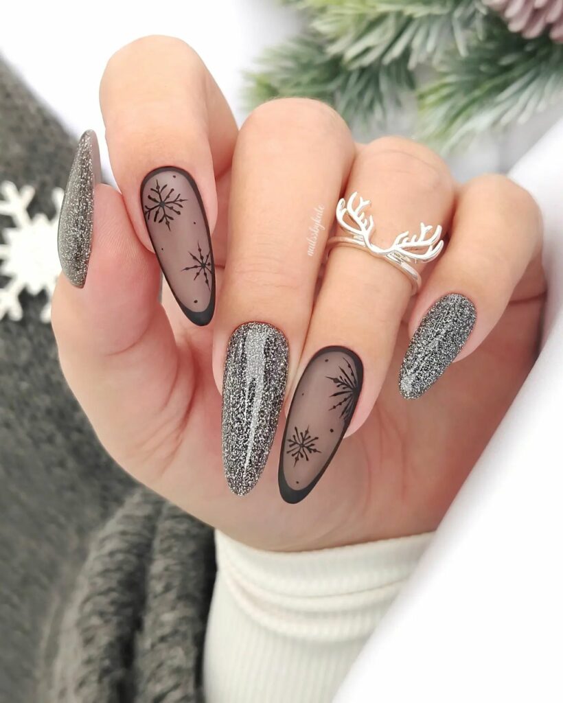 Charcoal Grey Christmas Nails with a Festive Sparkle