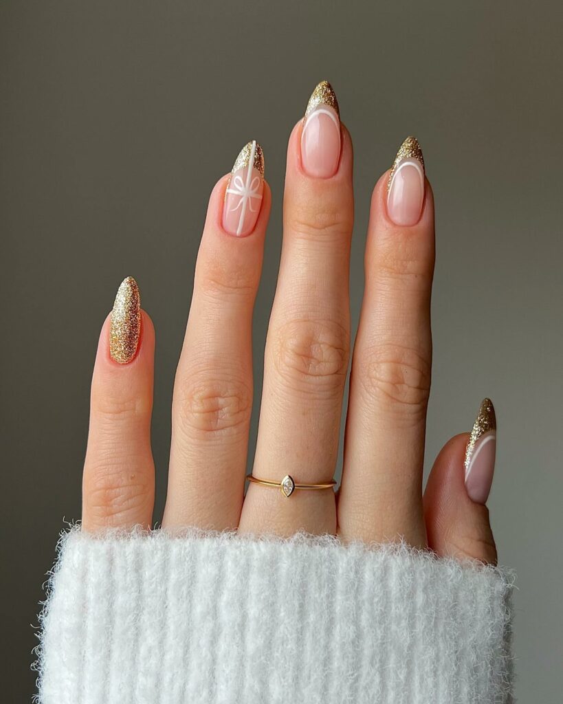 Christmas French Nails with a Golden Glitz