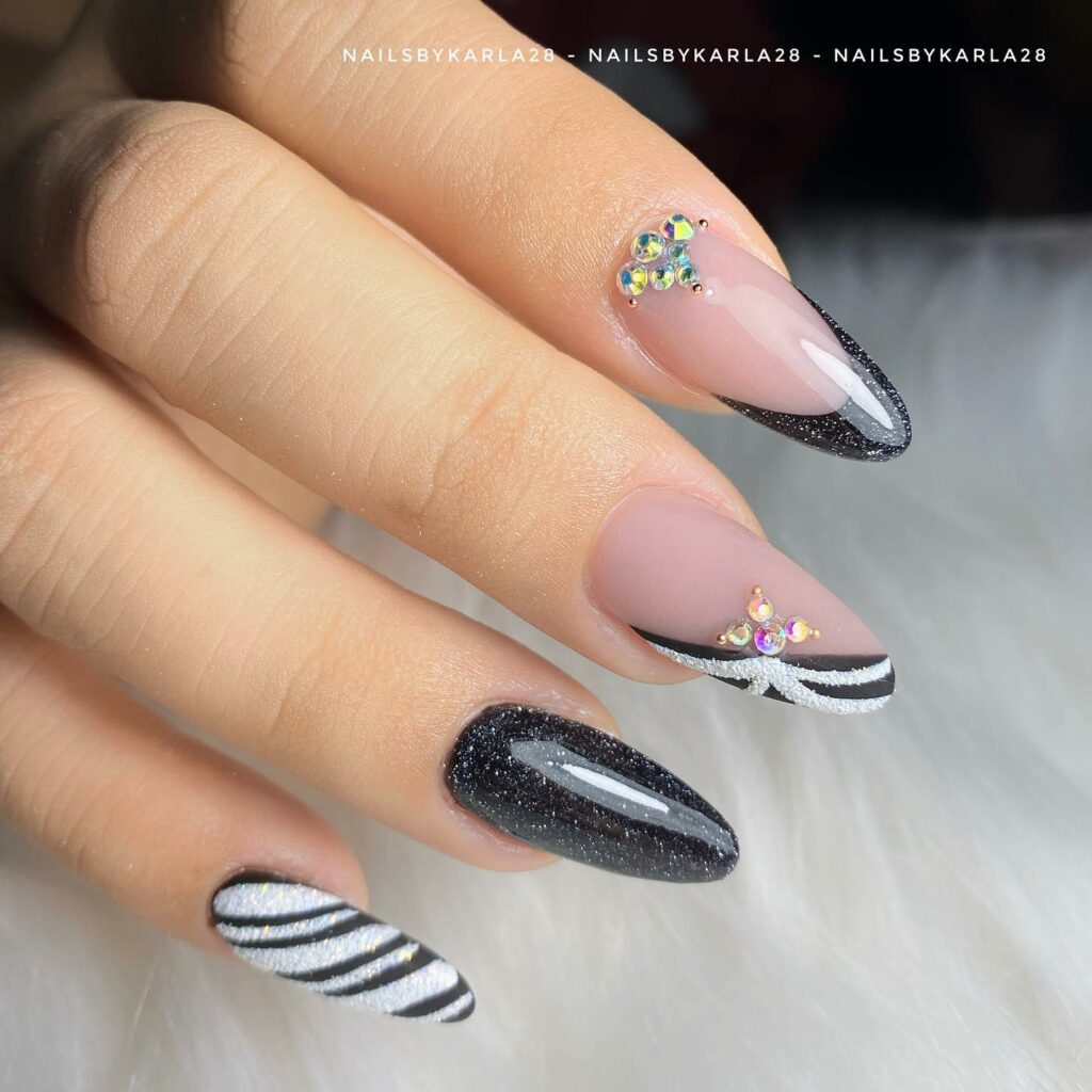 Classic Almond Black and White Christmas Nails