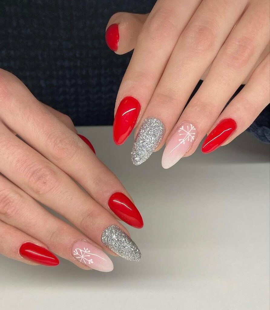 Classic Red and Glistening Silver Nails