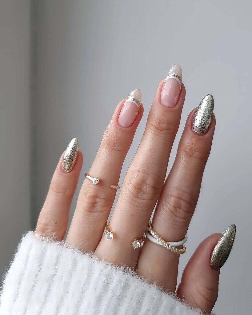 Elegant Fusion of Silver and Classic French Nails