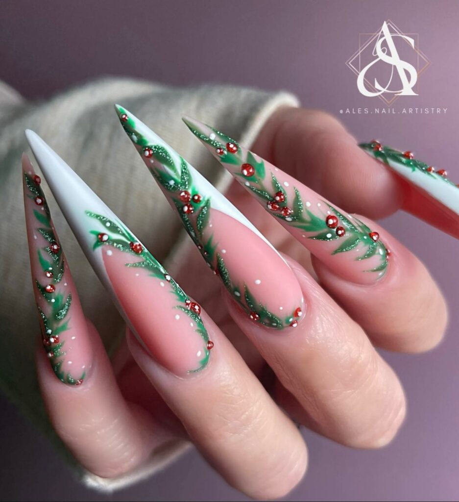 Enchanting Greenery Stiletto Christmas Nails