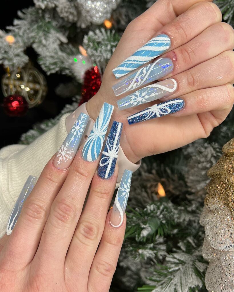 Festive Acrylic Blue Christmas Nails