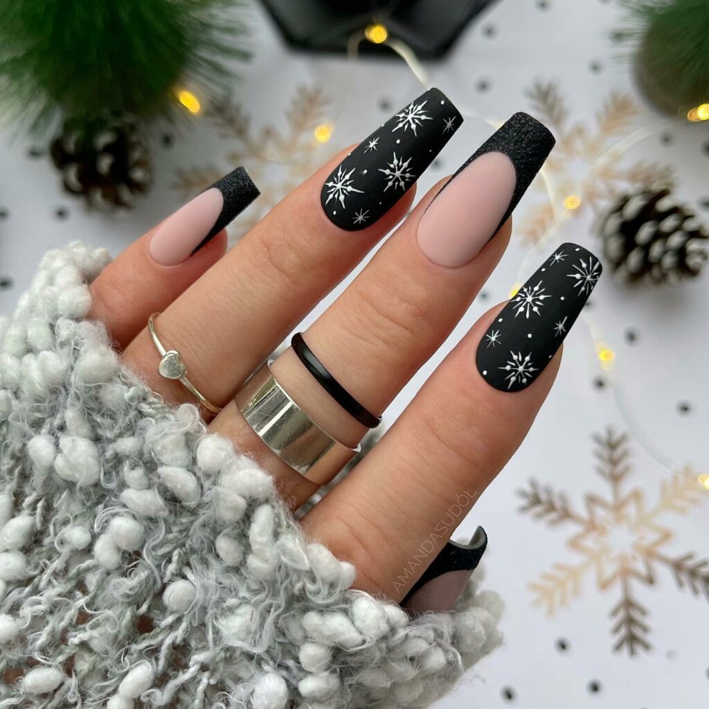 Festive Black and White Christmas Nails