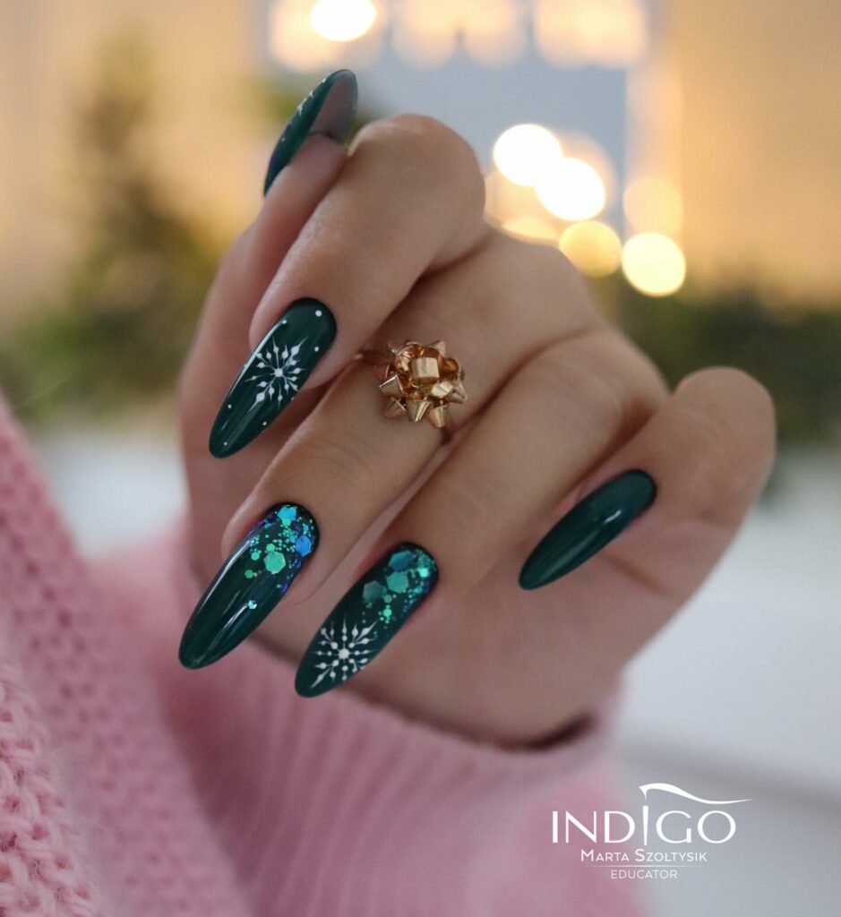 Festive Green Christmas Nails with Shimmering Accents