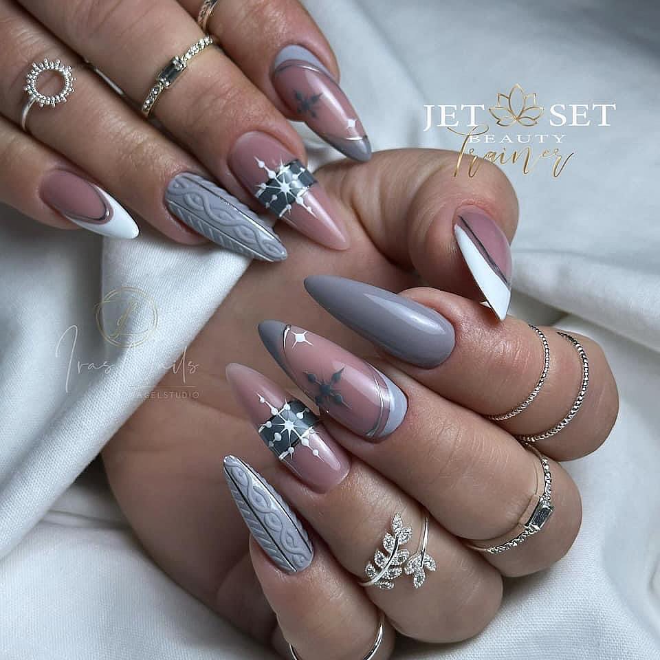 Festive Matte Grey Christmas Nails with Holly Accents