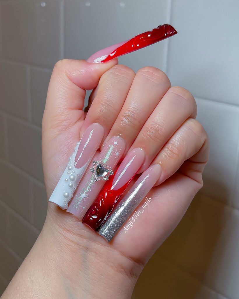 Festive Red and Silver Nails