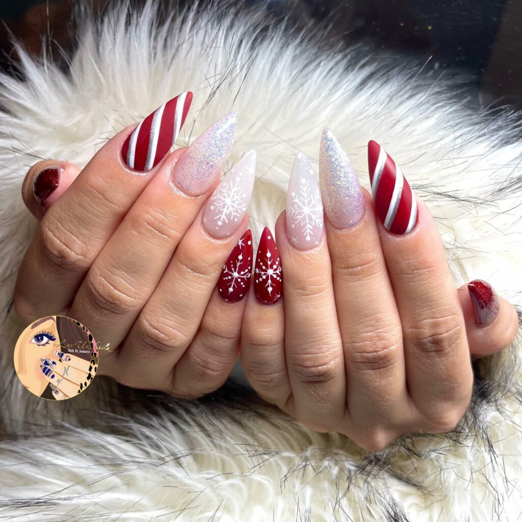 Festive White and Red Stiletto Christmas Nails