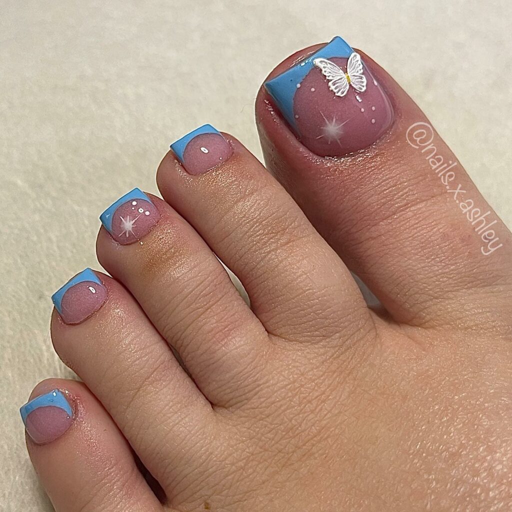 French Blue Acrylic Pedicure with Butterflies