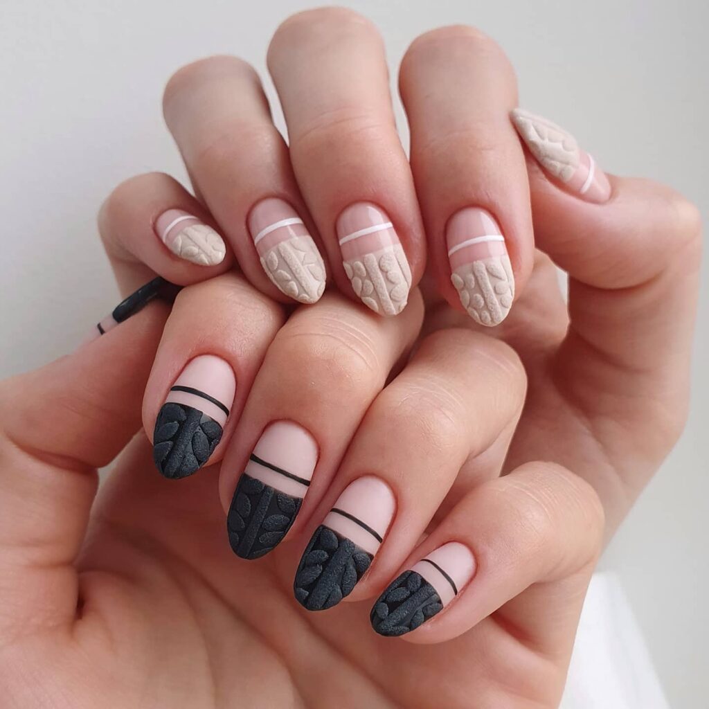 French Sweater Inspired Black and White Christmas Nails
