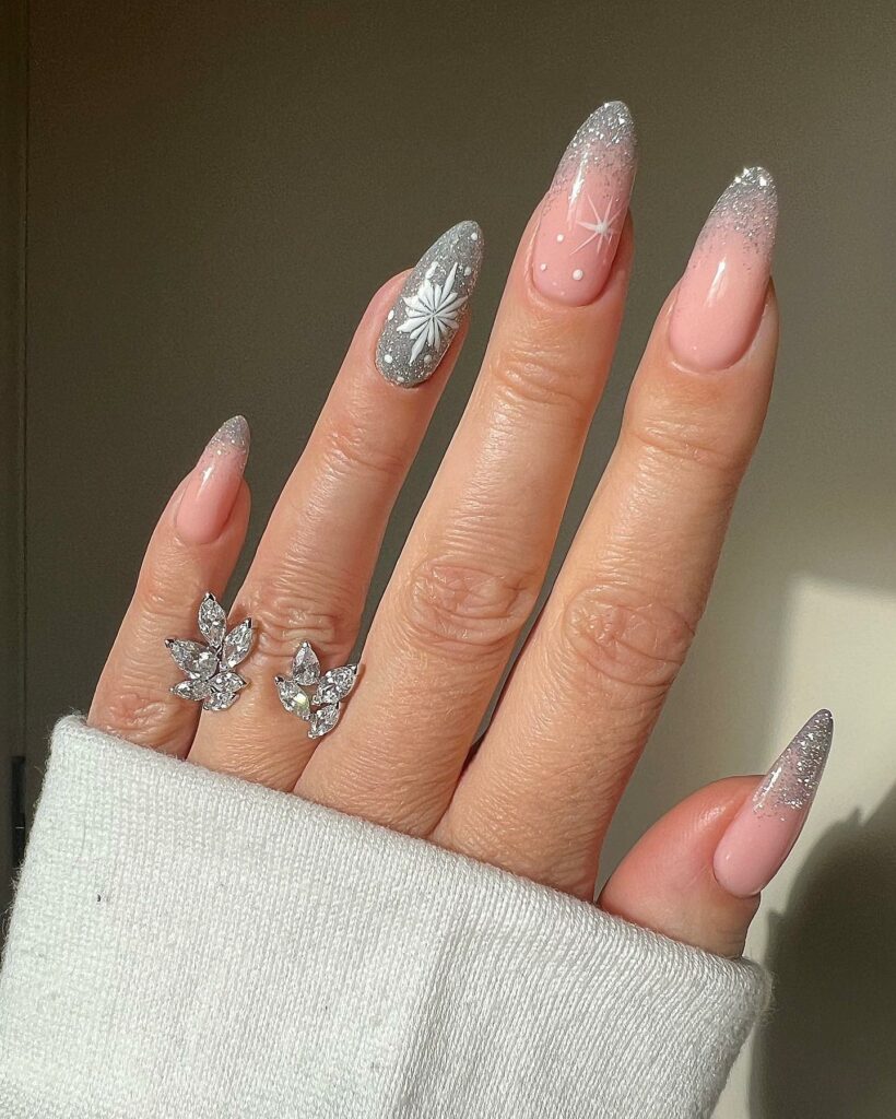 Frosty Flourish on Silver French Nails