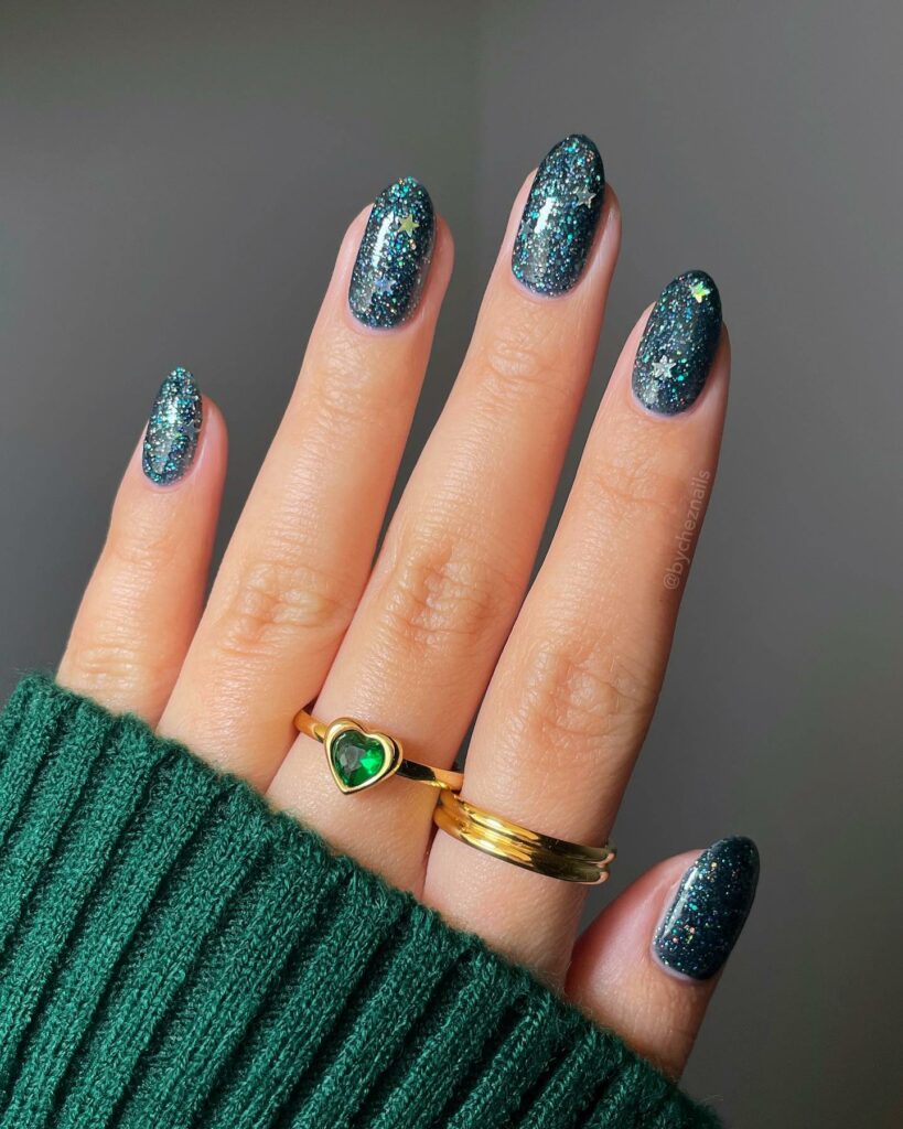 Glittery Blue Christmas Nails