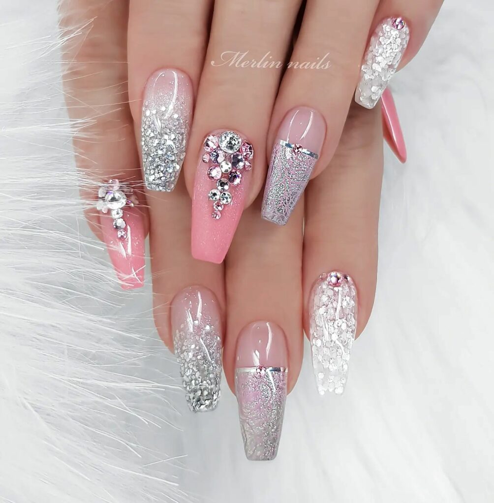 Glittery Pink Christmas Coffin Nails