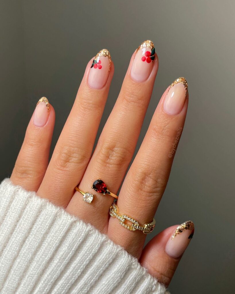 Gold Glitter Christmas Nails with Cherries
