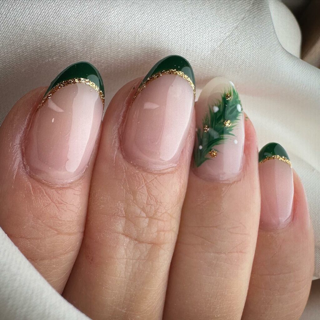 Gold and Green Mistletoe Nails