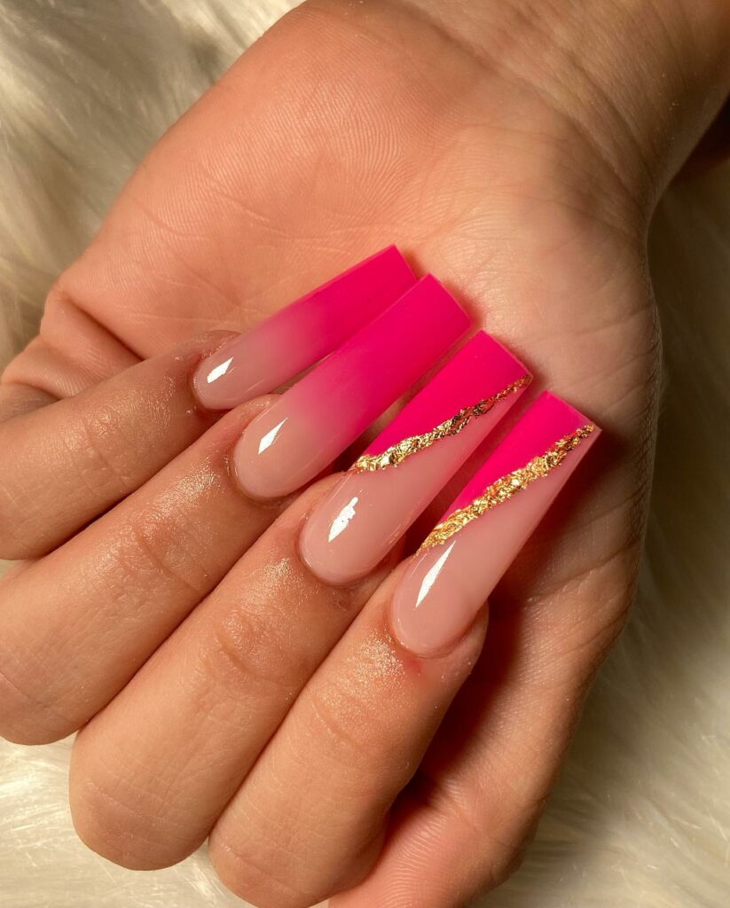 Hot Pink French Nails with Gold Foils