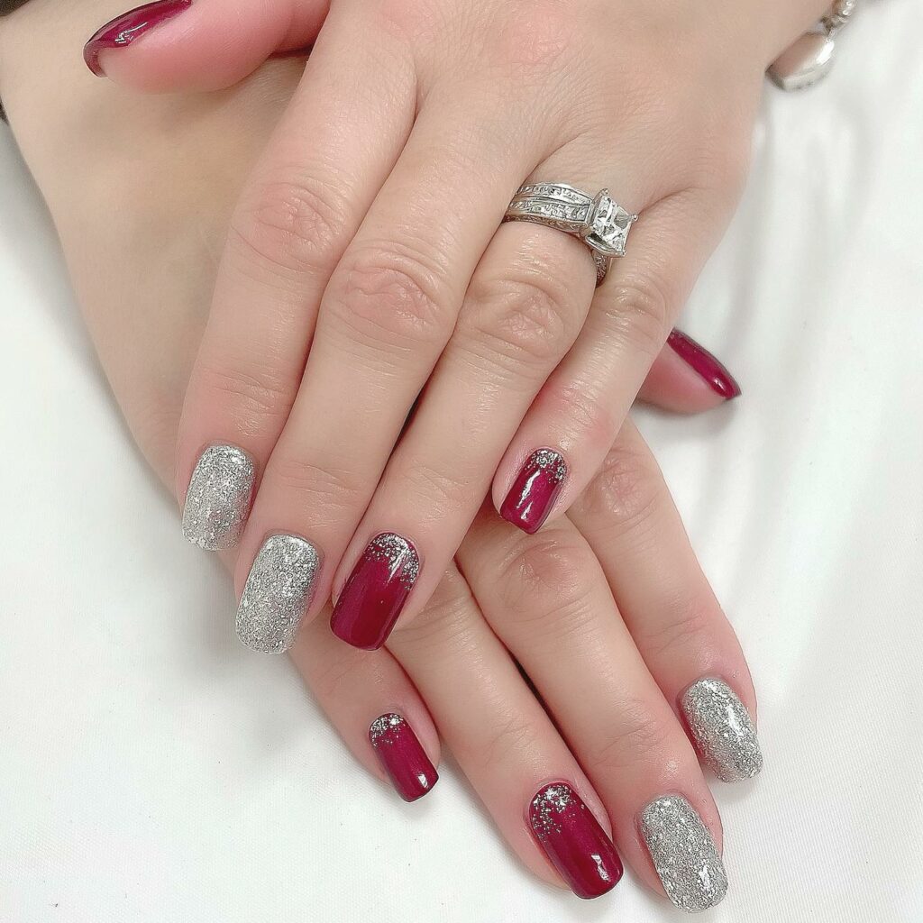 Luxurious Red and Silver Nails