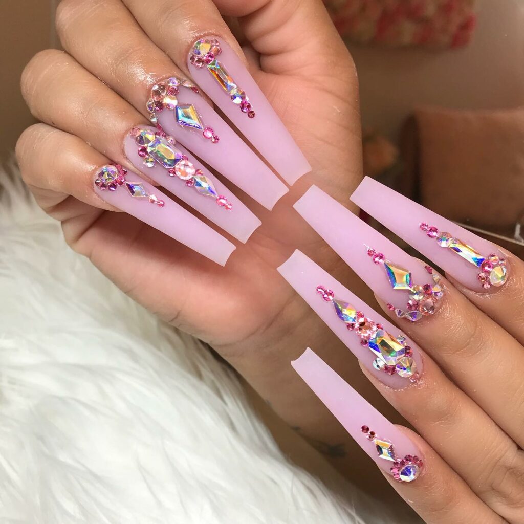 Matte Baby Pink Nails Embellished with Gems