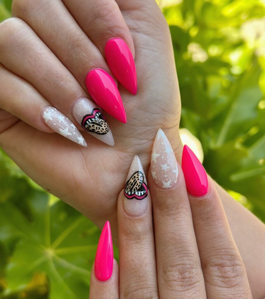 Neon Pink and Lace Short Stiletto Nails
