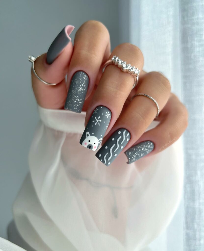 Playful Grey Nails with a Touch of Whimsy