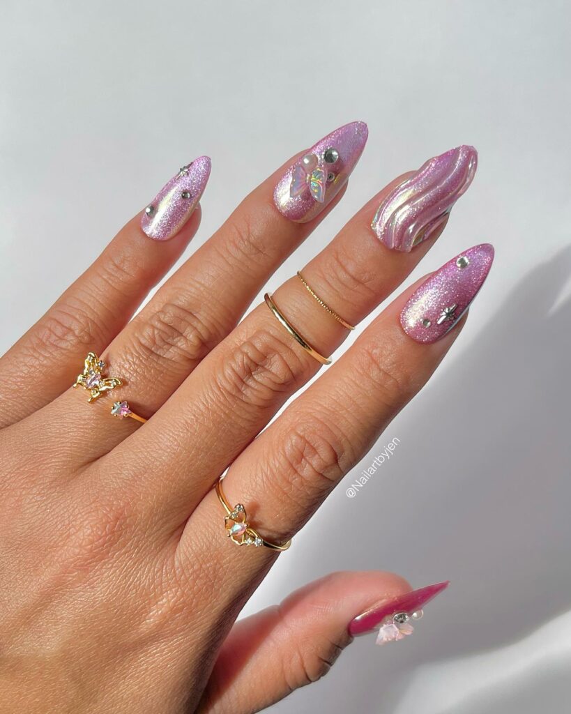 Purple Chrome Nails with a Sparkling Twist