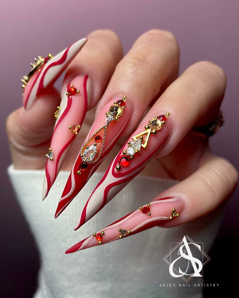 Red Christmas Stiletto Christmas Nails with Gems