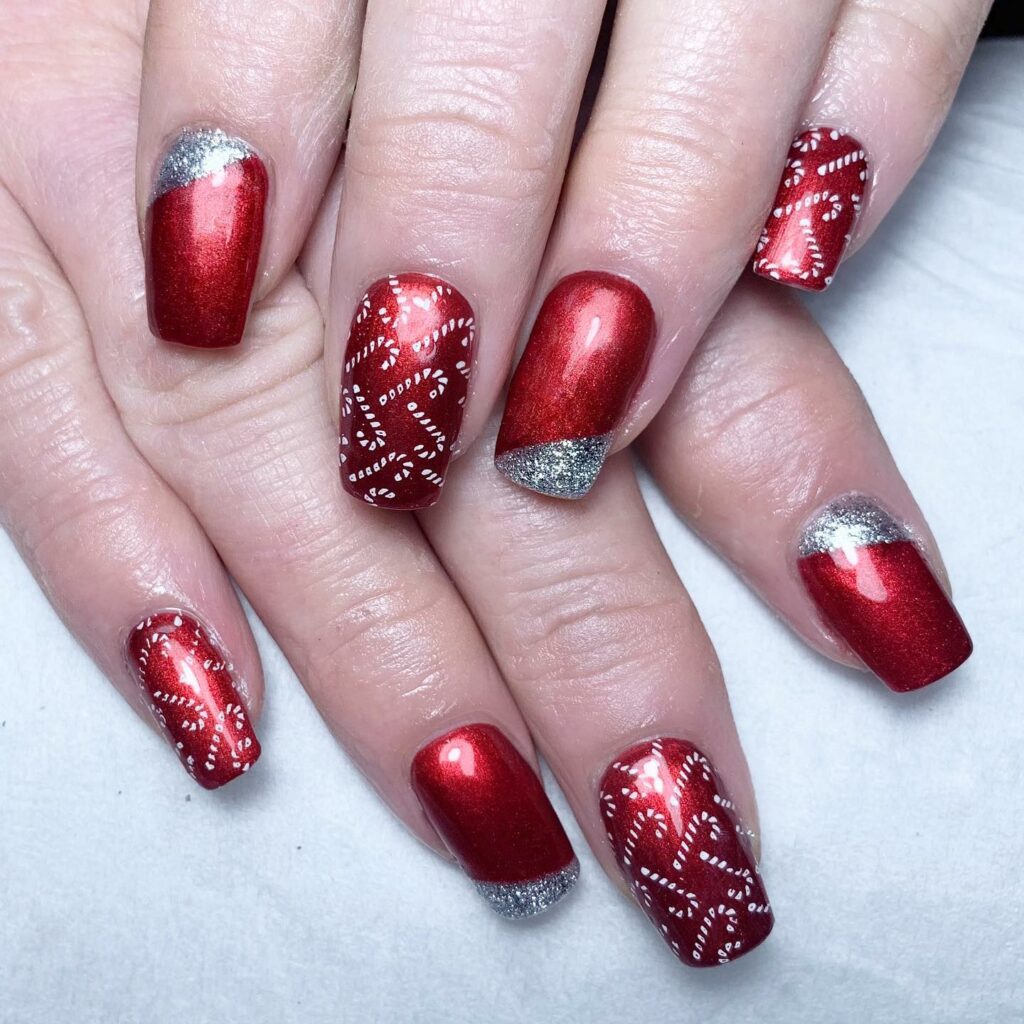 Red Nails with a Silver Sparkle Nails