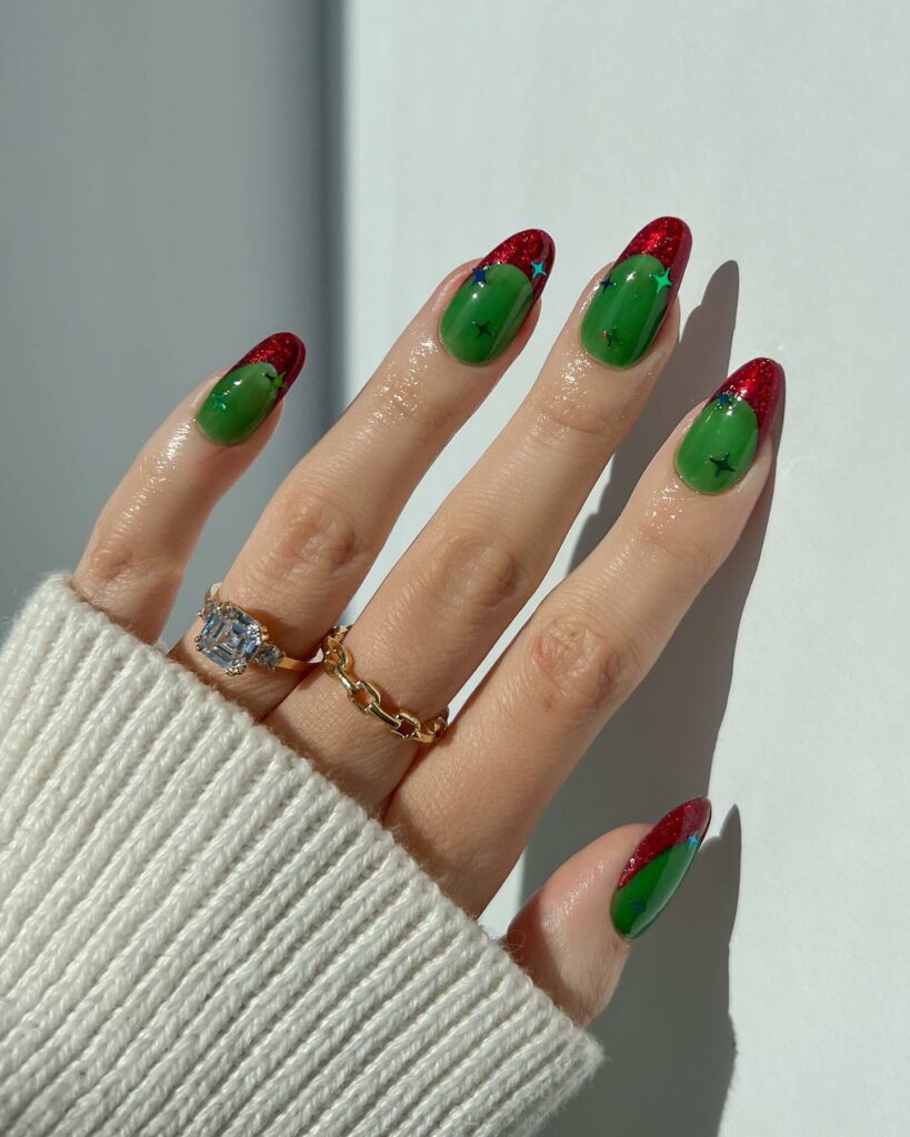 Red and Green Christmas Nails with a Celestial Touch