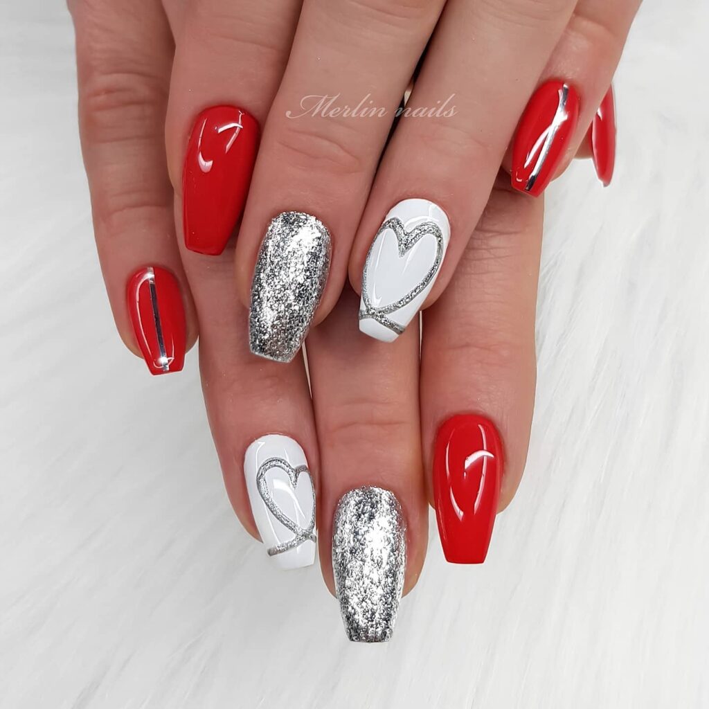 Romantic Fusion of Red and Silver Nails
